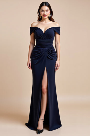 Off The Shoulder Navy Sheath Mother Of The Bride Dress With Slit